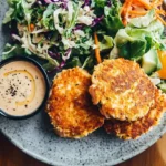 Old Fashioned Salmon Patties with creamy coleslaw and fresh lemon slices on a white plate, perfect for any occasion.