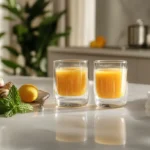 Freshly strained immunity shots recipe served in two clear glasses on a white marble countertop.