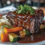 Slow-baked boneless beef short ribs glazed with BBQ sauce, served with mashed potatoes and roasted vegetables