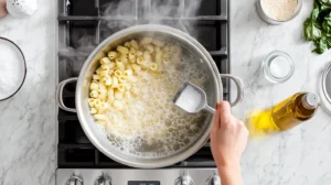 Top-down view of cooking ditalini pasta in a modern kitchen with white marble countertops and a stainless steel pot.