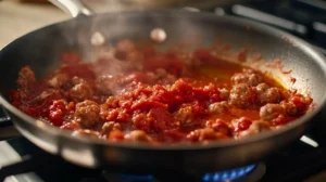 Caramelizing tomato paste in a sauté pan with sausage and onions in a modern kitchen.