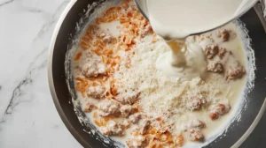 Combining cooked ditalini pasta with creamy sausage sauce in a sauté pan in a modern kitchen.