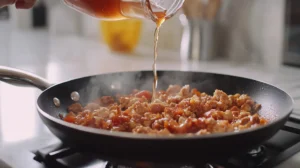 Deglazing the pan with chicken broth, lifting caramelized bits, in a modern kitchen.