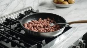 Browning crumbled Italian sausage in a sauté pan with onions and garlic on a white marble countertop.