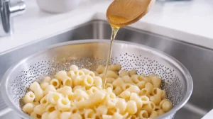 Mixing Creamy Marry Me Ditalini Sausage Pasta with avocado oil in a colander in a modern kitchen with white marble countertops.