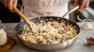 Combining Creamy Marry Me Ditalini Sausage Pasta with sauce, ensuring the pasta is well coated in a modern kitchen with white marble countertops.