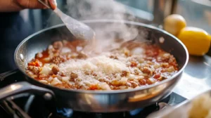 Adding chopped onions and minced garlic to browned Italian sausage in a sauté pan